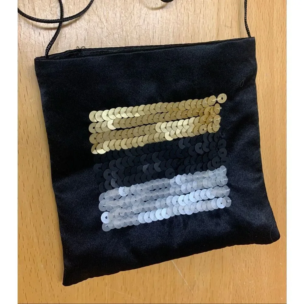 NEW CHANEL sateen sequined BLACK MAKEUP POUCH mini SHOULDER BAG PURSE